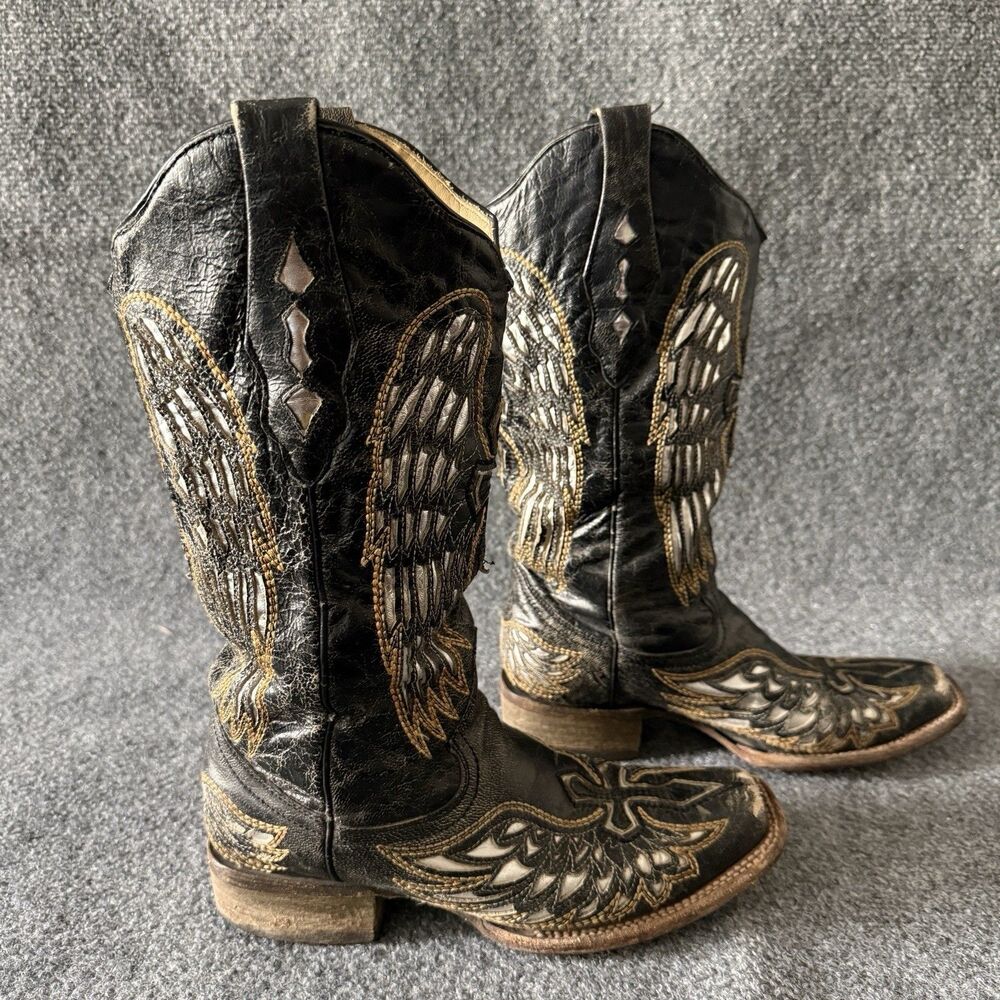 CORRAL Women’s Wing & Cross Western Equestrian Boots Embroidered 8 Black Cowgirl